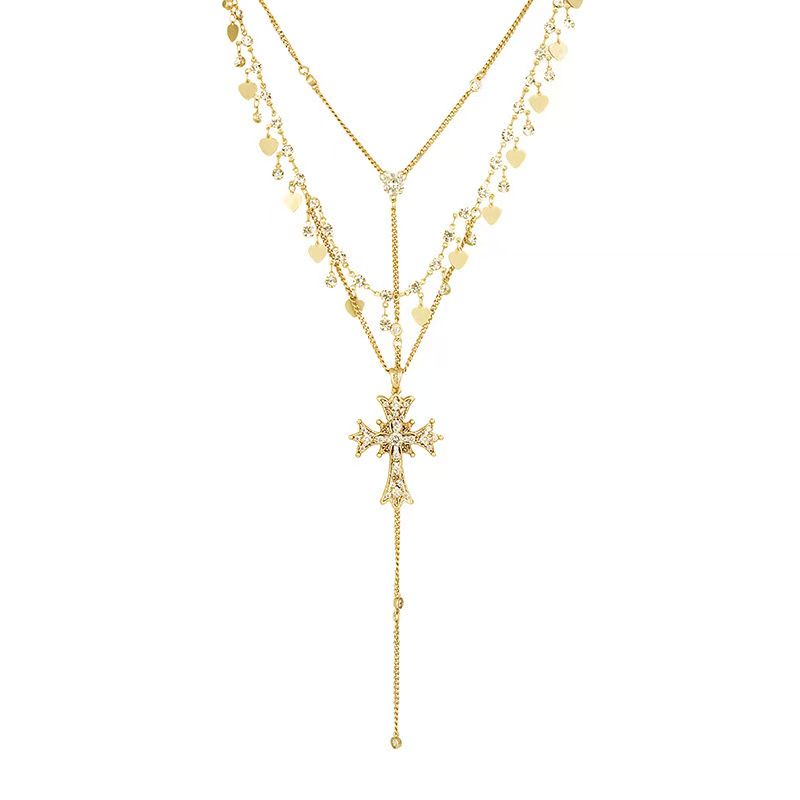 Retro Baroque style double-layered overlapping cross necklace