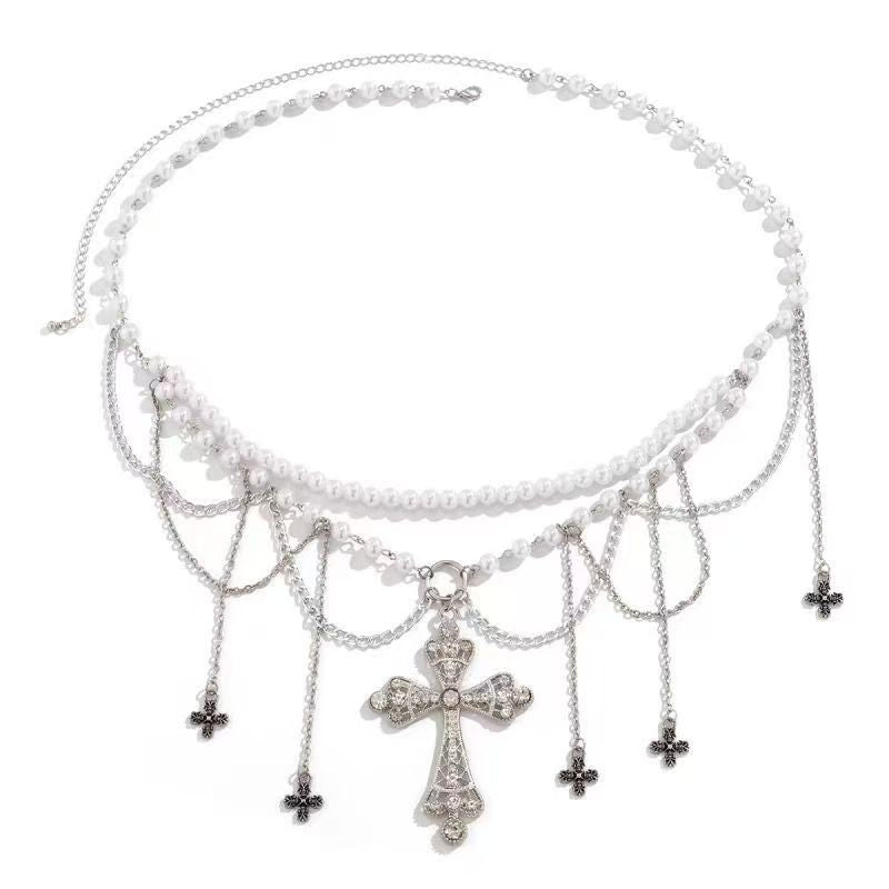 Pearl-like tassel cross multi-layered metal waist chain necklace