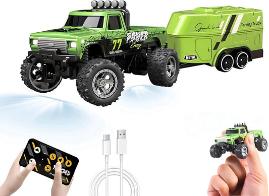 Mini RC Car, 1/64 Scale Mini Remote Control Monster Truck with Trailer