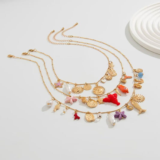 3-piece lobster, starfish bone chain necklace set