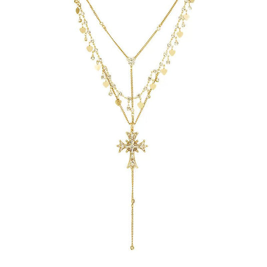 Retro Baroque style double-layered overlapping cross necklace