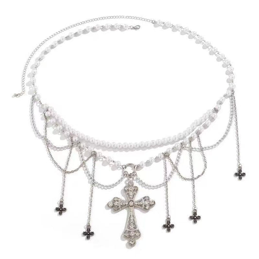 Pearl-like tassel cross multi-layered metal waist chain necklace