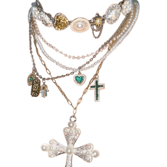 Cross-shaped heart pendant vintage 4-piece multi-layer necklace set